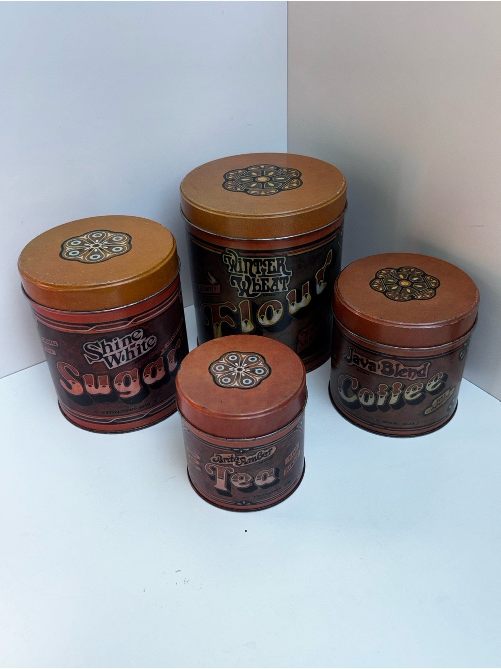 Vintage 70s set of 4 kitchen canisters: flour, sugar, coffee and tea